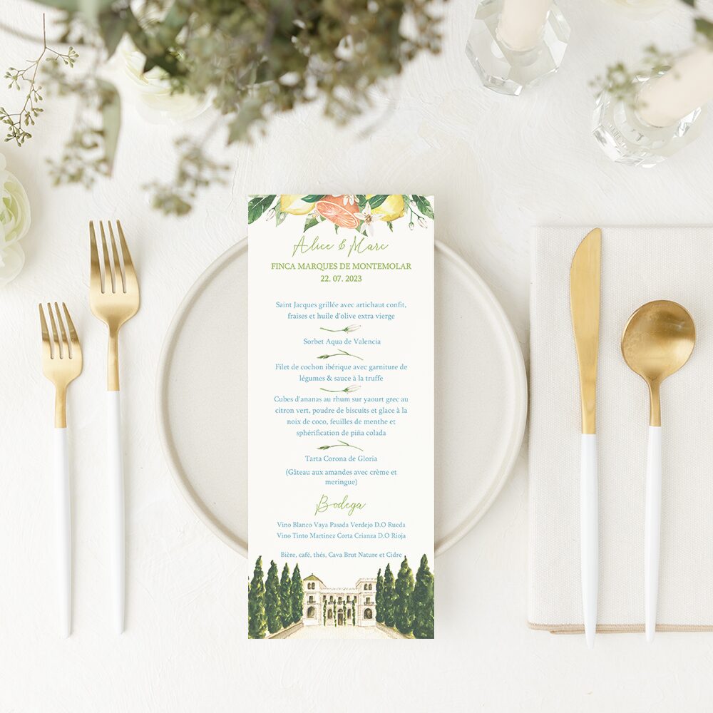 Elegant wedding menu for a Spanish wedding