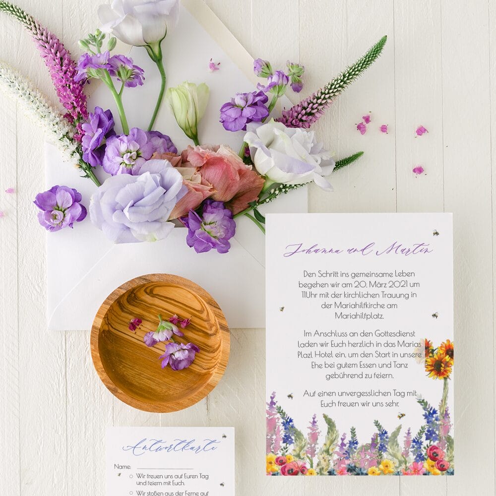 Colourful, bespoke, floral wedding invitations